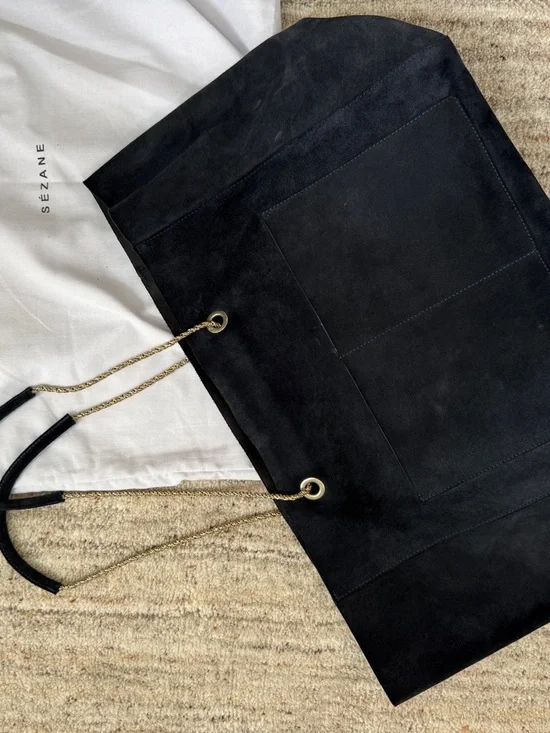 Sézane Gaby Suede Tote | Navy Blue | Gold Chain Strap | Large Bag w/ Dust Bag - Picture 2 of 7